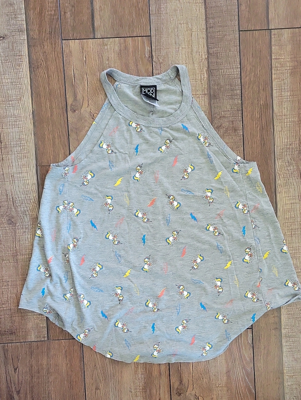 Gray Graphic Tank Top with Unicorn And Lightning Bolt Subtle Multicolor Print